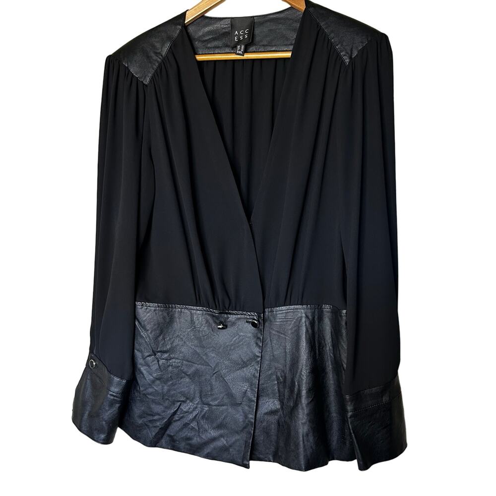 Access Blouse Shirt Black Chiffon Faux Leather Whimsygoth Dark Romantic‎ Sz XXL